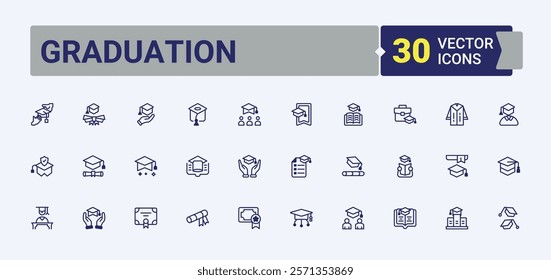 Graduation icon set. Contains such icons as education, master, knowledge, diploma, school, certificate, achievement, learning. Icons for UI. Vector line and solid icons.