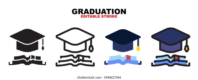 Graduation icon set with different styles. Colored vector icons designed in filled, outline, flat, glyph and line colored. Editable stroke and pixel perfect. Can be used for web, mobile, ui and more.