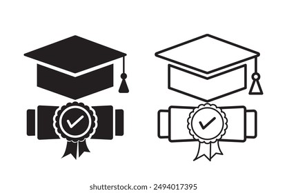 Conjunto de iconos de graduación. Icono de sombrero de graduación. Tapa y diploma académico o estudiantil con certificado, Ilustración vectorial