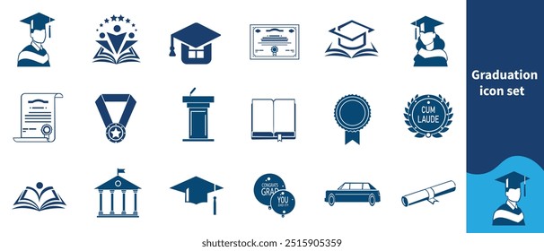 Conjunto de iconos de graduación. Icono de sombrero de graduación. Gorra y diploma académico o estudiantil con certificado, trofeo y medalla de insignia. Ilustración vectorial