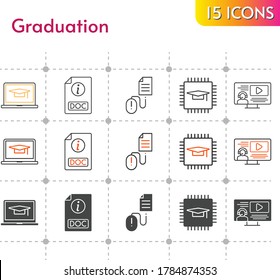 graduation icon set. included chip, student, laptop, instructor, doc, click icons on white background. linear, bicolor, filled styles.