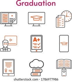 graduation icon set. included cloud library, tablet, ereader, ebook, teacher, test icons. bicolor styles.