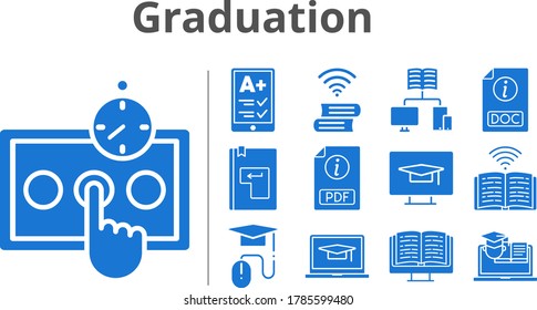 graduation icon set. included ereader, ebook, pdf, test, school, book, elearning, doc, training, enter icons. filled styles.