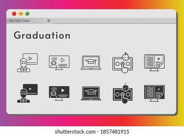 graduation icon set. included teacher, student-laptop, ebook, instructor, test icons on white background. linear, filled styles.