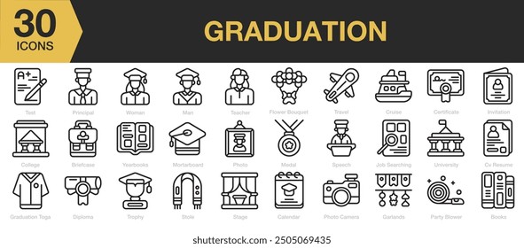 Graduation icon set. Includes test, collage, graduation toga, medal, stole and More. Outline icons vector collection.