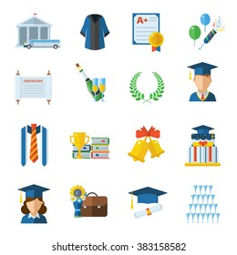 Graduation icon set. Man and woman grads in graduate hat and gown. Graduational elements in flat design isolated on white. Finish education icons. Graduation day and party vector objects. 