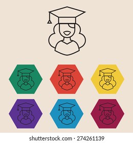 Graduation Icon Set. Woman in graduation cap outline sign icon. Higher education symbol buttons in different colors