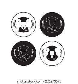 Graduation icon vector set. Men and women graduates with graduation cap and wreath signs. Higher education symbol buttons in black and white