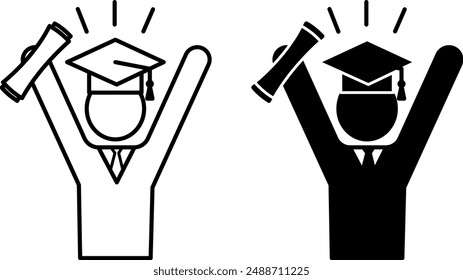 Iconos de graduación. Iconos vectoriales en blanco y negro de graduado universitario con diploma. El estudiante se regocija al final de sus estudios. Concepto de Educación