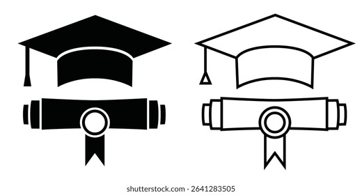 Graduation icons depicting a cap and diploma in minimalist style for academic celebrations and achievements