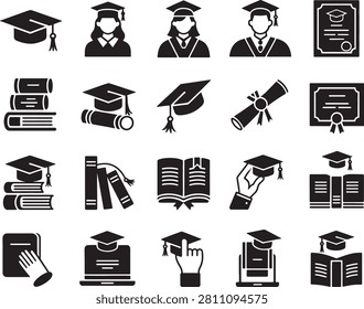 Graduation Icons Featuring Caps, Diplomas, Books, and Students in Academic Attire Featuring Cap, Diploma, Student with Education