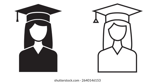 Graduation icons featuring diverse designs of a female graduate with a cap and gown in a minimalistic style