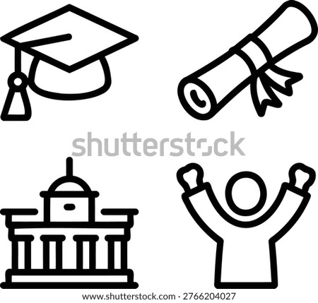 Graduation icons: mortarboard cap scroll diploma tassel certificate