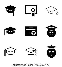 Graduation icons. set of 9 editable filled and outline graduation icons such as graduate emoji, diploma