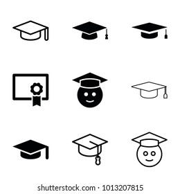 Iconos de graduación. conjunto de 9 íconos editables rellenos y esquemáticos de la graduación, como sombrero de graduación, emoticono de graduación, diploma