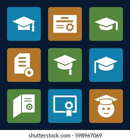 graduation icons set. Set of 9 graduation filled icons such as graduate emoji, diploma