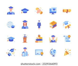 Graduation icons set. Colorful stickers with education and study, student and textbooks, university and college degree, certificate and diploma. Cartoon flat vector isolated on white background