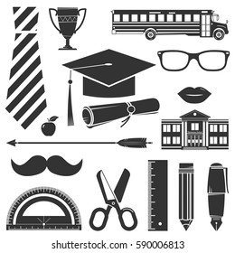 Graduation Icons set isolated on white. Vector illustration. For logo design, patches, seal, logo or  badges. Set include graduation cap, diploma, pencil, pen, glasses, school bus and other  symbol. 