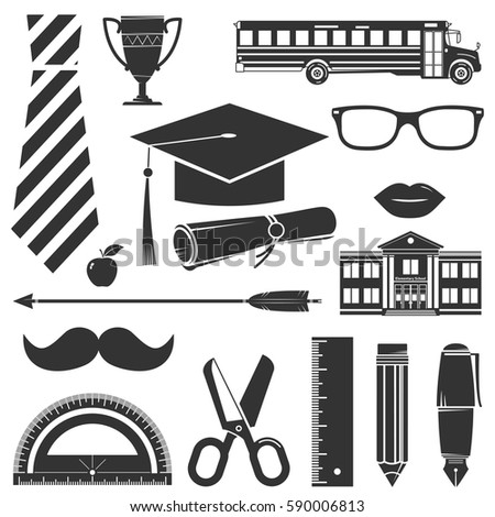 Graduation Icons set isolated on white. Vector illustration. For logo design, patches, seal, logo or  badges. Set include graduation cap, diploma, pencil, pen, glasses, school bus and other  symbol. 