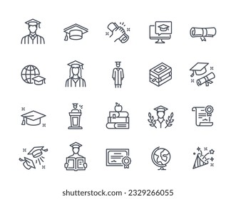 Graduation icons set. Outline education stickers with student in cap and textbooks, diploma and certificate, university or college degree. Linear flat vector collection isolated on white background