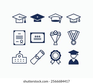 Graduation icons set. Simple linear icon collection.