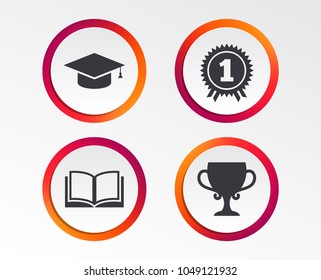 Graduation Icons. Graduation Student Cap Sign. Education Book Symbol. First Place Award. Winners Cup. Infographic Design Buttons. Circle Templates. Vector