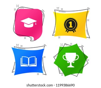 Graduation icons. Graduation student cap sign. Education book symbol. First place award. Winners cup. Geometric colorful tags. Banners with flat icons. Trendy design. Vector