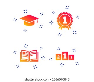 Graduation icons. Graduation student cap sign. Education book symbol. First place award. Winners podium. Random dynamic shapes. Gradient graduation icon. Vector