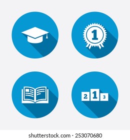 Graduation icons. Graduation student cap sign. Education book symbol. First place award. Winners podium. Circle concept web buttons. Vector