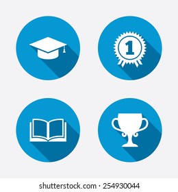 Graduation icons. Graduation student cap sign. Education book symbol. First place award. Winners cup. Circle concept web buttons. Vector