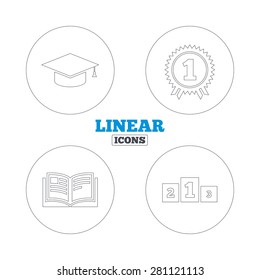 Graduation icons. Graduation student cap sign. Education book symbol. First place award. Winners podium. Linear outline web icons. Vector