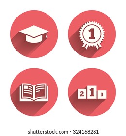 Graduation icons. Graduation student cap sign. Education book symbol. First place award. Winners podium. Pink circles flat buttons with shadow. Vector