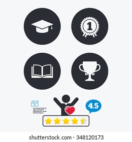 Graduation icons. Graduation student cap sign. Education book symbol. First place award. Winners cup. Star vote ranking. Client like and think bubble. Quotes with message.