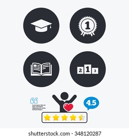 Graduation icons. Graduation student cap sign. Education book symbol. First place award. Winners podium. Star vote ranking. Client like and think bubble. Quotes with message.