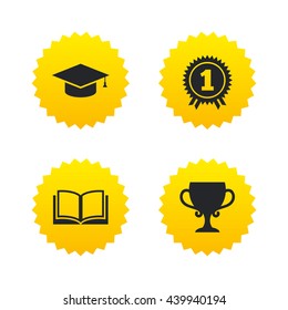 Graduation icons. Graduation student cap sign. Education book symbol. First place award. Winners cup. Yellow stars labels with flat icons. Vector