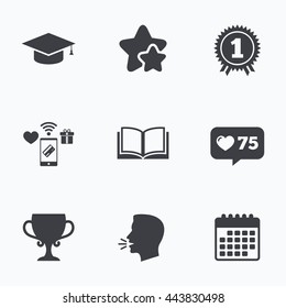 Graduation icons. Graduation student cap sign. Education book symbol. First place award. Winners cup. Flat talking head, calendar icons. Stars, like counter icons. Vector