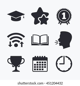 Graduation icons. Graduation student cap sign. Education book symbol. First place award. Winners cup. Wifi internet, favorite stars, calendar and clock. Talking head. Vector