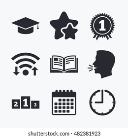Graduation icons. Graduation student cap sign. Education book symbol. First place award. Winners podium. Wifi internet, favorite stars, calendar and clock. Talking head. Vector