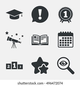 Graduation icons. Graduation student cap sign. Education book symbol. First place award. Winners podium. Attention, investigate and stars icons. Telescope and calendar signs. Vector
