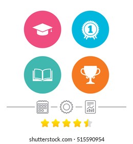 Graduation icons. Graduation student cap sign. Education book symbol. First place award. Winners cup. Calendar, cogwheel and report linear. Star vote ranking. Vector