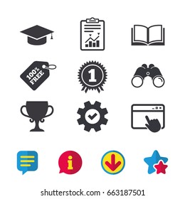 Graduation icons. Graduation student cap sign. Education book symbol. First place award. Winners cup. Browser window, Report and Service signs. Binoculars, Information and Download icons. Vector