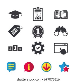 Graduation icons. Graduation student cap sign. Education book symbol. First place award. Winners podium. Browser window, Report and Service signs. Binoculars, Information and Download icons. Vector