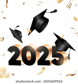 Graduation illustration 2025 3D text with flying black caps and gold confetti Realistic 3D Vector, perfect for invitations, announcements, banners, digital graphics, and celebration materials