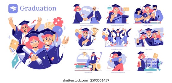 Graduation illustration capturing the essence of a crucial milestone filled with joy and celebrations. From diploma ceremonies to farewell hugs, each scene reflects student achievements and happy