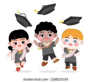Ilustración de graduación de un niño que arroja un sombrero de graduación