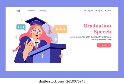 Graduation illustration featuring a student delivering a speech from a podium. The moment captures excitement and achievement, symbolizing the culmination of years of hard work and education. Vector