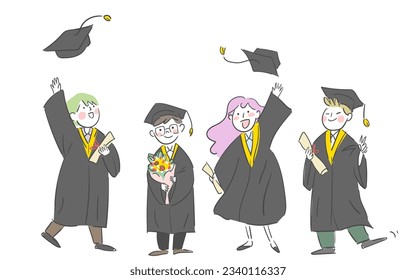 Ilustración de graduación de cuatro hombres y mujeres vestidos con ropa de graduación.