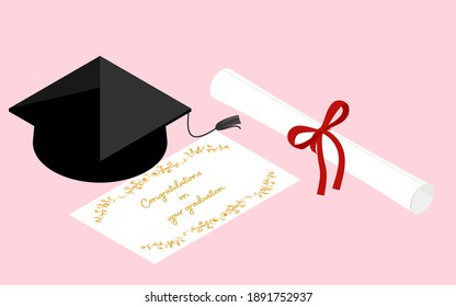 Graduation image, congratulatory message and diploma and hat, isometric