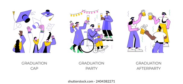 Graduation isolated cartoon vector illustrations set. Group of diverse happy students throwing up their caps, graduates celebrate at party, having fun at afterparty, getting diploma vector cartoon.