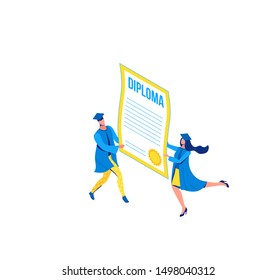 Graduation isometric illustration, 3d graduates holding diploma, cartoon characters isolated with certificate, success concept, highschool or college party, school boy and girl, blue, yellow